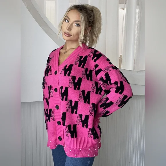 Pink and Black Women's Cardigan Sweater With Pearl Trim. One Size Fits